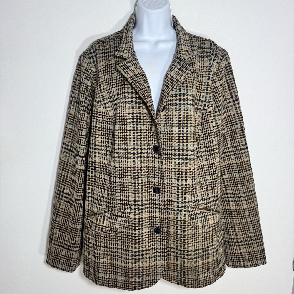 J. Jill Tan Blue Plaid Cotton Spandex Blazer Pockets Stretch Women XLT Tall